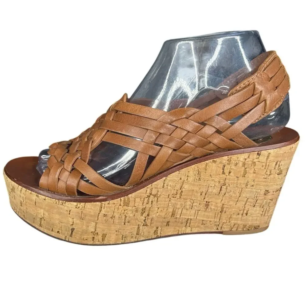 Tory Burch Women’s Killian Brown Leather Woven Wedge Sandals Size US 7.5